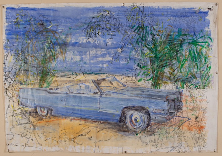 Caddy, Cadillac blue in tropischer  Landschaft 2017  Frankografie auf Leinwand 230 x 165